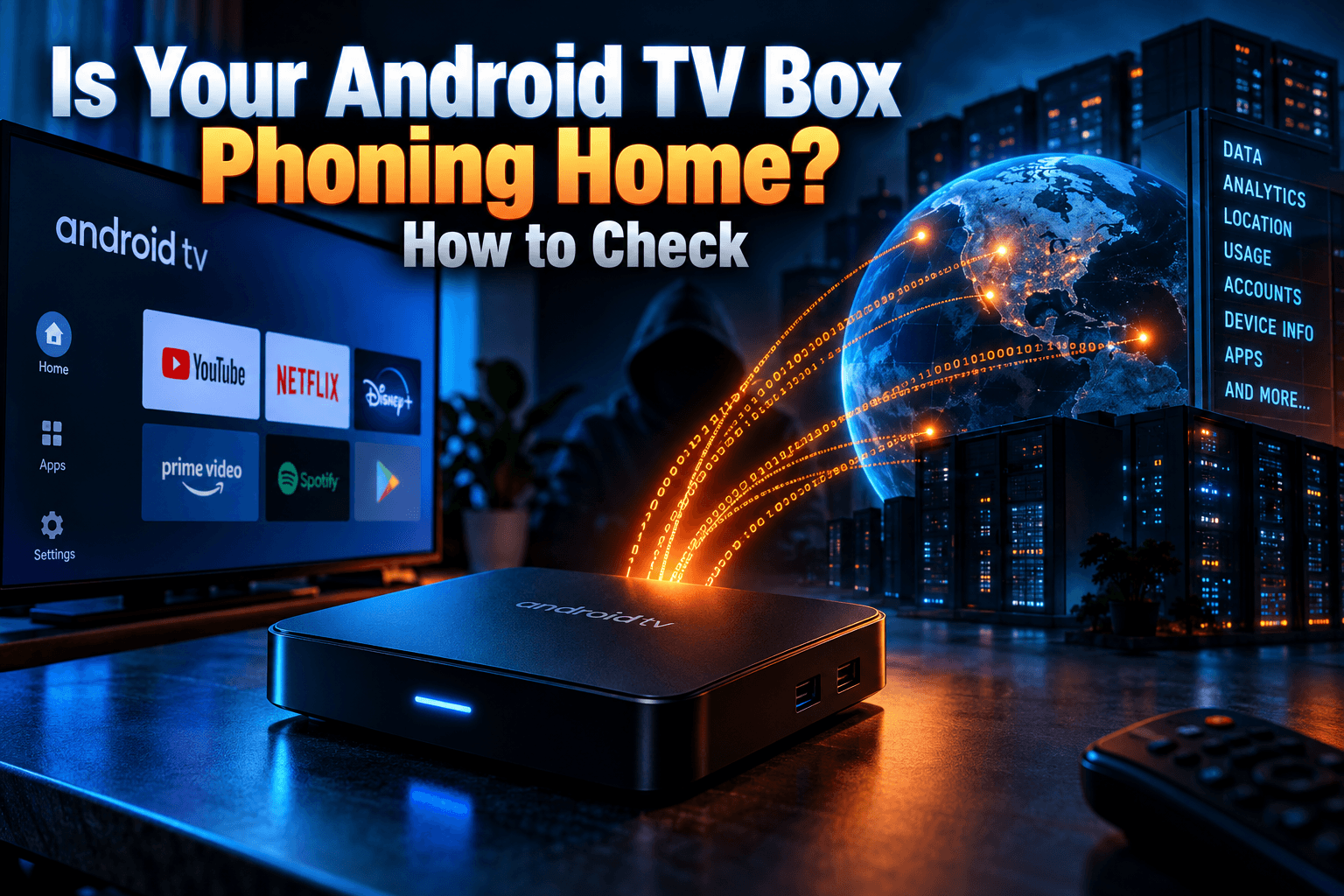 Android TV box phoning home: streaming box beside a router with a network traffic dashboard