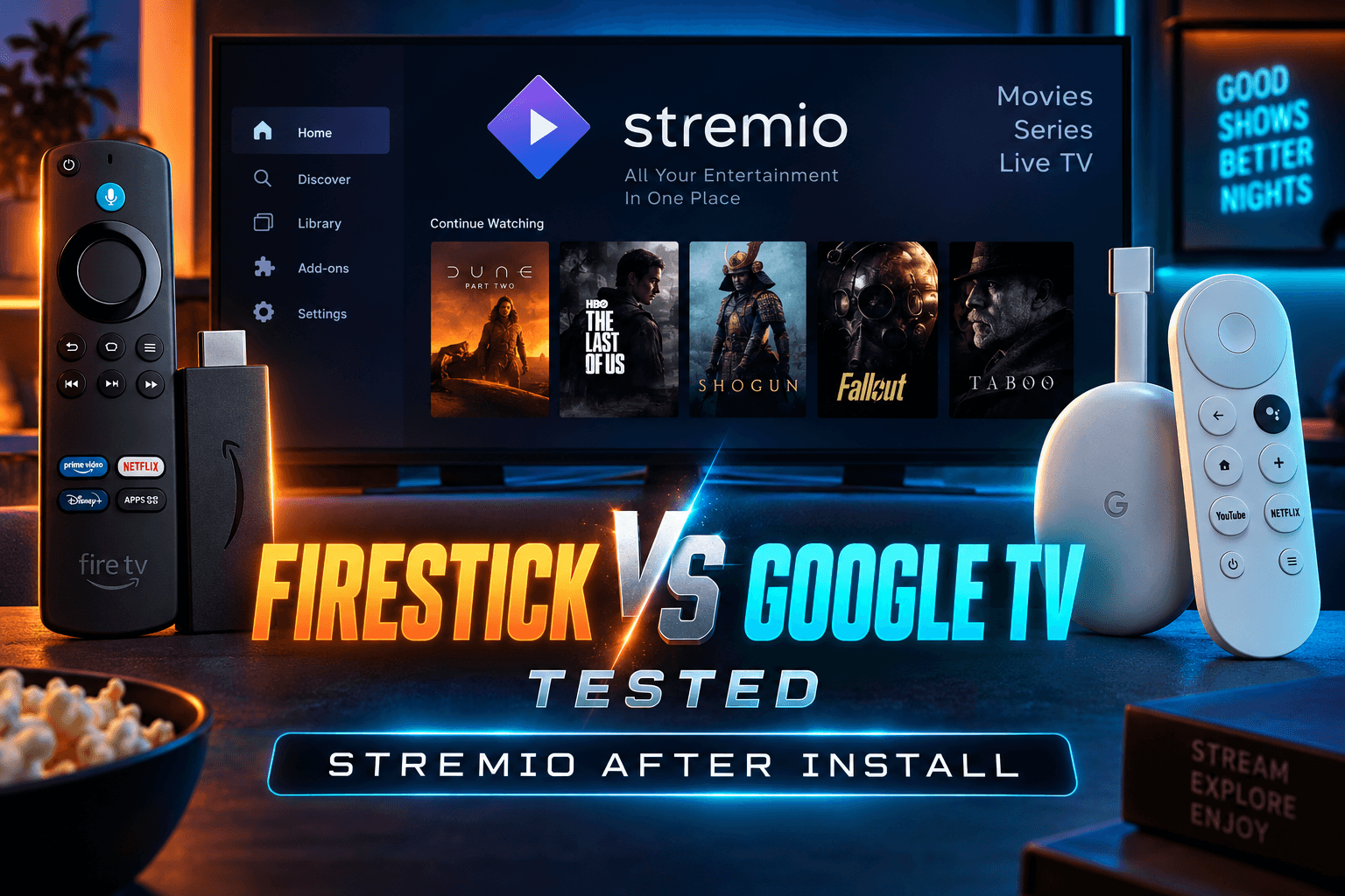 Stremio Firestick vs Google TV test: Fire TV Stick 4K Max beside Chromecast with Google TV